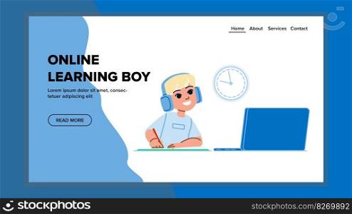 online learning boy vector. technology home, laptop internet, kid education, digital school, computer video online learning boy web flat cartoon illustration. online learning boy vector
