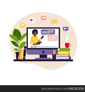 Online learning concept. African teacher at chalkboard, video lesson. Distance study at school. Vector illustration. Flat style.