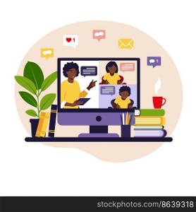 Online learning concept. Online class. African teacher at chalkboard, video lesson. Distance study at school. Vector illustration. Flat style.