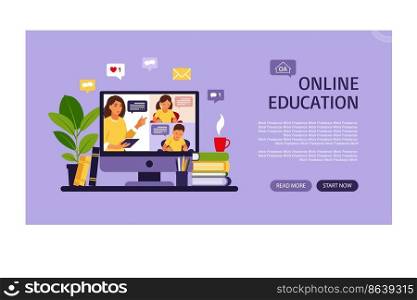 Online learning concept. Online class landing page. Teacher at chalkboard, video lesson. Distance study at school. Vector illustration. Flat style.