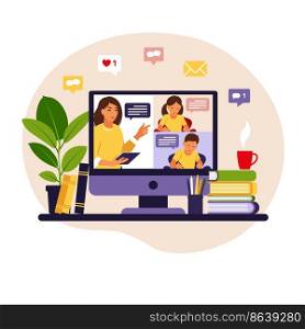 Online learning concept. Online class. Teacher at chalkboard, video lesson. Distance study at school. Vector illustration. Flat style.
