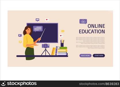 Online learning concept. Online education landing page. Teacher at chalkboard, video lesson. Distance study at school. Vector illustration. Flat style.