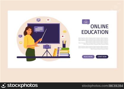 Online learning concept. Online education landing page. Teacher at chalkboard, video lesson. Distance study at school. Vector illustration. Flat style.