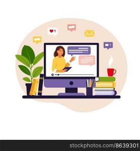 Online learning concept. Teacher at chalkboard, video lesson. Distance study at school. Vector illustration. Flat style.