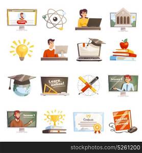 Online Learning Icons Set . Online learning flat colored icons set with teachers and students participating in web seminars isolated vector illustration