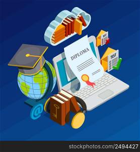 Online learning isometric concept with education symbols on blue background isometric vector illustration . Online Learning Isometric Concept