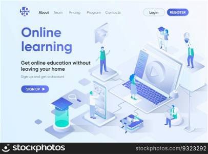 Online learning isometric landing page. Distance education, professional skills development and career growth. Interactive study template for CMS and website. Isometry scene with people characters.