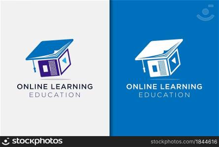Online Learning Logo Design with Book and Laptop Combined as Toga Hat Concept. Education Logo Illustration. Graphic Design Element.