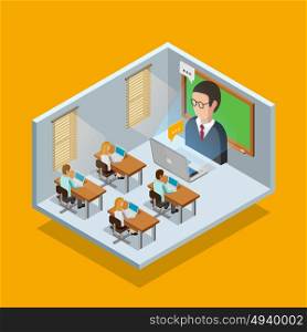 Online Learning Room Concept . Online learning room concept with students and laptops on orange background isometric vector illustration