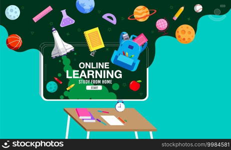 Online Learning, study from home, social distancing, back to school, flat design vector.