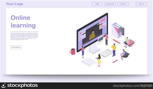 Online learning webpage vector template with isometric illustration. Website interface design. E-learning. Online courses, education. Video tutorials. Interactive training 3d concept. Isolated clipart. Online learning webpage vector template with isometric illustration