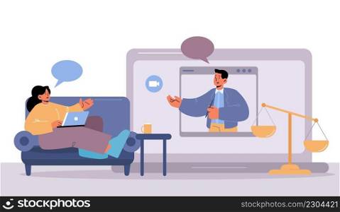 Online legal advice, digital technologies for law assistance. Lawyer on computer screen consulting client. Vector flat illustration with attorney, woman sitting on sofa with laptop and scales. Online legal advice, law assistance