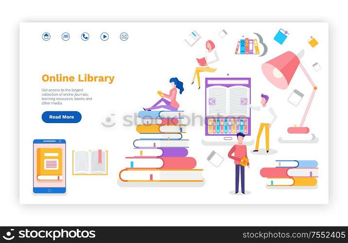 Online library access to books printed materials vector. Lightbulb in lap, website with information, book and readers studying new subjects for exam. Online Library Access to Books Printed Materials