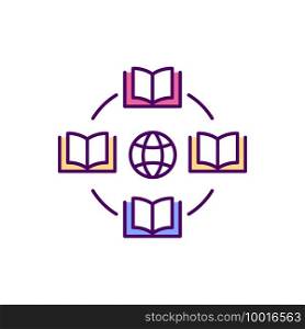 Online library advantages RGB color icon. Globe with several books. Popular books acces. Multiple access. Customizable search. Digital archive. Huge collections. Isolated vector illustration. Online library advantages RGB color icon