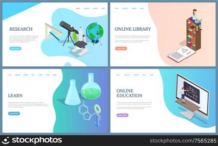 Online library and education research and learning. Free access to knowledge and books, chemistry publication and experiments, biology supplies. Website or webpage template, landing page in flat style. Online Library Books, Education Research Learning