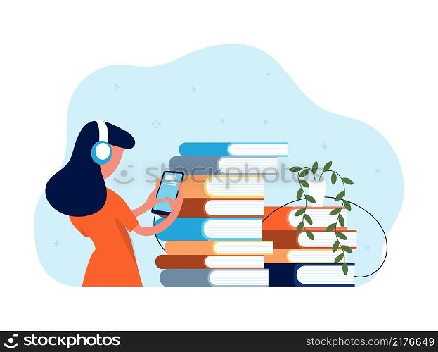 Online library. Audio books, girl in headphones listen book with smartphone. Literature new format, radio podcast vector concept. Illustration book audio, online listen audiobook to education. Online library. Audio books, girl in headphones listen book with smartphone. Literature new format, radio podcast vector concept