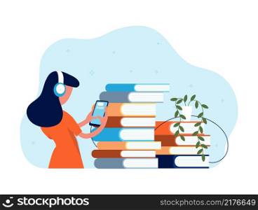 Online library. Audio books, girl in headphones listen book with smartphone. Literature new format, radio podcast vector concept. Illustration book audio, online listen audiobook to education. Online library. Audio books, girl in headphones listen book with smartphone. Literature new format, radio podcast vector concept