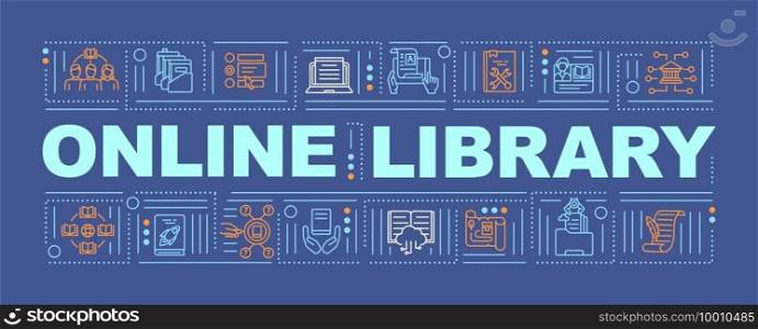 Online library benefits word concepts banner. Contemporary way to get information. Infographics with linear icons on orange background. Isolated typography. Vector outline RGB color illustration. Online library benefits word concepts banner