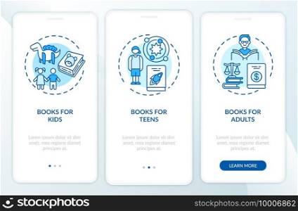 Online library categories onboarding mobile app page screen with concepts. Books for Teens walkthrough 3 steps graphic instructions. UI vector template with RGB color illustrations. Online library categories onboarding mobile app page screen with concepts
