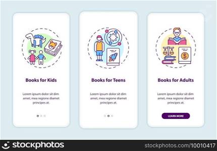 Online library categories onboarding mobile app page screen with concepts. Books for teens walkthrough 3 steps graphic instructions. UI vector template with RGB color illustrations. Online library categories onboarding mobile app page screen with concepts