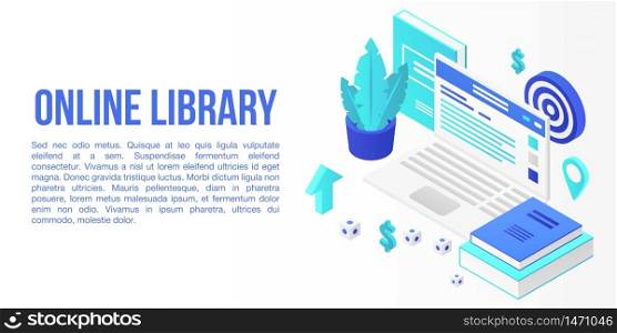 Online library concept banner. Isometric illustration of NAME vector concept banner for web design. Online library concept banner, isometric style