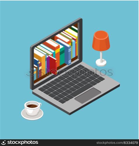 Online library concept, laptop with book shelves. Vector illustration