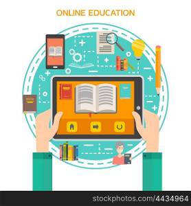 Online library concept. Online library concept with human hands holding digital tablet with open book flat vector illustration