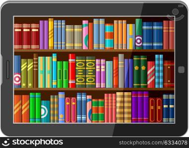 Online library concept, tablet with book shelves. Vector illustration