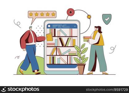 Online library concept with character situation in flat design. Man and woman read e-books and buy books online in bookstores in mobile application. Vector illustration with people scene for web