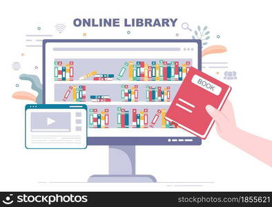 Online Library Digital Education Background with Distance Learning, Recorded Classes, Video Tutorial to Gain Knowledge. Flat Design Vector Illustration