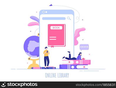 Online Library Digital Education Background with Distance Learning, Recorded Classes, Video Tutorial to Gain Knowledge. Flat Design Vector Illustration