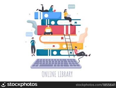 Online Library Digital Education Background with Distance Learning, Recorded Classes, Video Tutorial to Gain Knowledge. Flat Design Vector Illustration