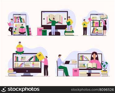 Online library. Distance education technology people reading books on smartphones listen books in audio format recent vector concept illustrations of library online, school distance. Online library. Distance education technology people reading books on smartphones listen books in audio format recent vector concept illustrations