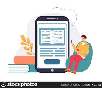 Online library, ebook reading, studying in internet. Man sitting on chair and holding smartphone with textbook. E-learning concept, digital gadget for remote education. Electronic device vector. Online library, ebook reading, studying in internet. Man sitting on chair and holding smartphone with textbook. E-learning concept