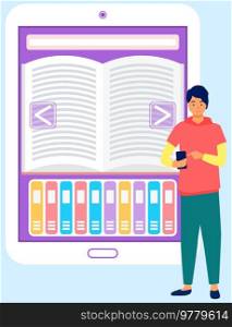 Online library education concept flat design. Application for reading different books on smartphone with bookshelf. E-book page on mobile phone screen. Concept of electronic library and e-learning. Online library education concept flat design. Application for reading different books on smartphone