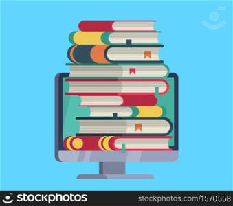 Online library. Flat computer with stack books on device screen. Electronic knowledge, reading and downloading book online, e-learning for students, vector isolated education concept. Online library. Flat computer with stack books on screen. Electronic knowledge, reading and downloading book online, e-learning for students, vector isolated concept