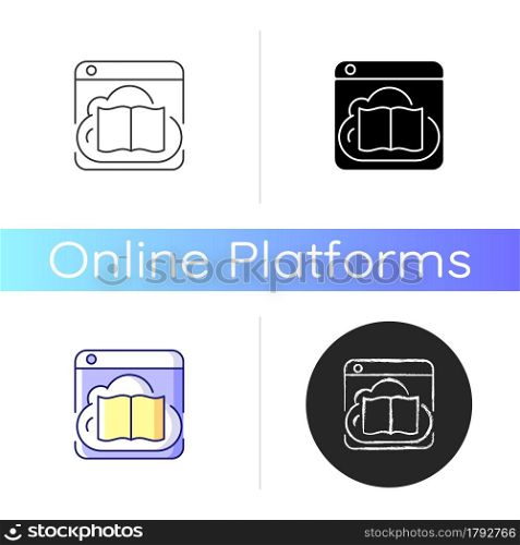 Online library icon. Digital database with books, documents. Information resources collection. Remote access to educational content. Linear black and RGB color styles. Isolated vector illustrations. Online library icon