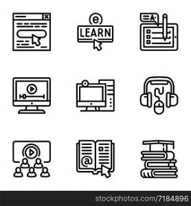 Online library icon set. Outline set of 9 online library vector icons for web design isolated on white background. Online library icon set, outline style