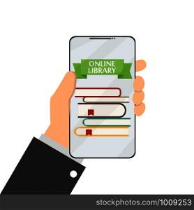 online library in hand vector in flat style. online library in hand vector in flat