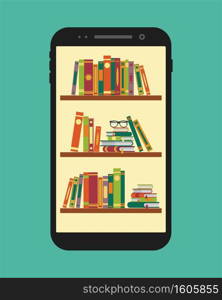 Online library in mobile. Vector ebooks stand on bookshelf in application of phone. Electronic reading concept. Elearning design on screen cellphone. Flat illustration. Online library in mobile. Vector ebooks stand on bookshelf in application of phone. Electronic reading concept. Elearning design on screen cellphone. Flat illustration.