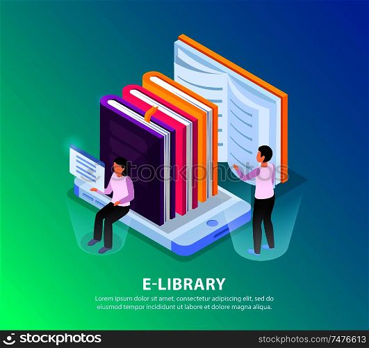 Online library isometric background concept image composition with human characters holographic screens and pile of books vector illustration