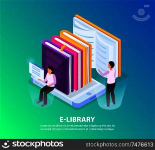 Online library isometric background concept image composition with human characters holographic screens and pile of books vector illustration