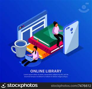 Online library isometric background with human characters electronic gadgets and pile of books with editable text vector illustration
