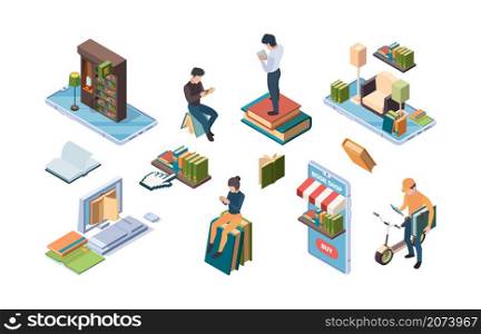 Online library. Isometric books people reading internet dictionary education concept icons garish vector illustrations. Isometric book library online, technology online. Online library. Isometric books people reading internet dictionary education concept icons garish vector illustrations