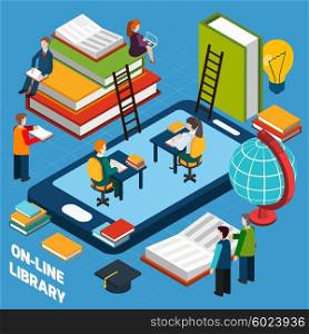 Online library isometric concept. Online library isometric concept with mobile device and people reading books