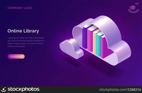 Online library isometric concept vector illustration. Virtual cloud shelf with books standing in it, isolated on purple background, landing page website for book storage, electronic reading. Online library, electronic reading isometric