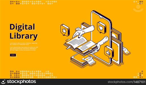 Online library isometric landing page. internet service, app for reading. Human hands holding book on computer desktop, digital technologies in education and studying, 3d vector line art web banner. Online library isometric landing, internet service