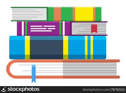 Online library, knowledge and books pile with bookmarks vector. Literature or textbooks and encyclopedias stack, reading. Internet portal, novels and scientific information, web education illustration. Books Pile, Online Education Symbol, Textbooks