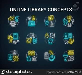 Online library neon light concept icons set. Book catalogue idea. Fantasy, biographies, medical, history, plays, romance & mystery types. Educational materials. Glowing vector isolated illustration