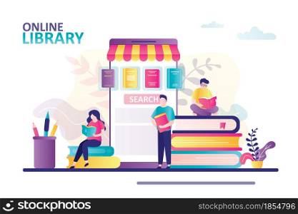 Online library on mobile phone screen. Cartoon male and female characters reading books. Concept electronic library, education and bookstore. Banner in trendy style. Flat vector illustration. Online library on mobile phone screen. Cartoon male and female characters reading books. Concept electronic library, education and bookstore